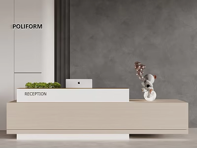 Gray Reception Background Wall with Light Wood Desk POLIFORM Logo Decorative Item and Small Plant 3d model