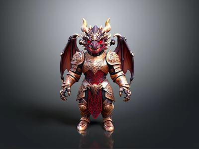 Mythical Dragon Figurine With Golden Armor Red Details And Wings 3d model