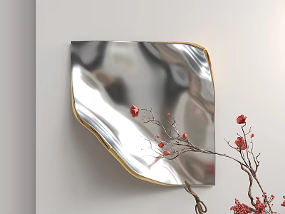 Silver Irregular Shaped Wall Decor Mirror with Gold Frame and Red Flowers Branch 3d model