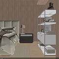 Modern Bedroom Decorative Cabinet With Metal Frame White Drawers And Books On Wooden Walls
