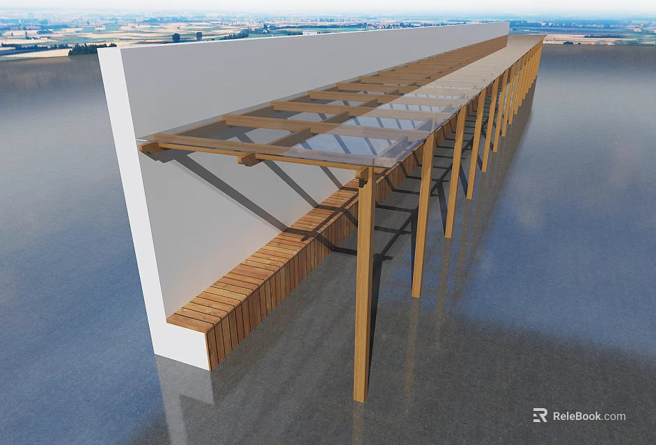 Modern Wooden Glass Awning Design With Long Supporting Columns For Outdoor Building Exterior 3d model 