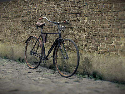Classic Vintage Bicycle Leaning Against Old Brick Wall On Cobblestone Path 3d model