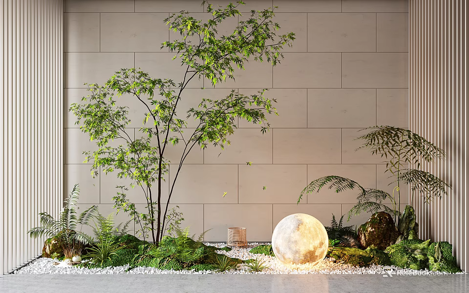 Garden Decor With Green Tree Glowing Moon Ferns And White Pebbles 3d model 