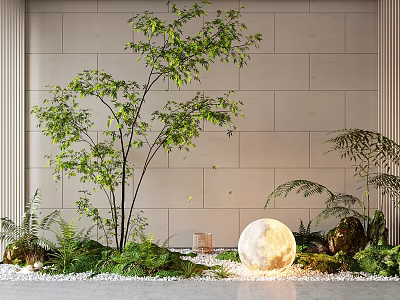 Garden Decor With Green Tree Glowing Moon Ferns And White Pebbles 3d model