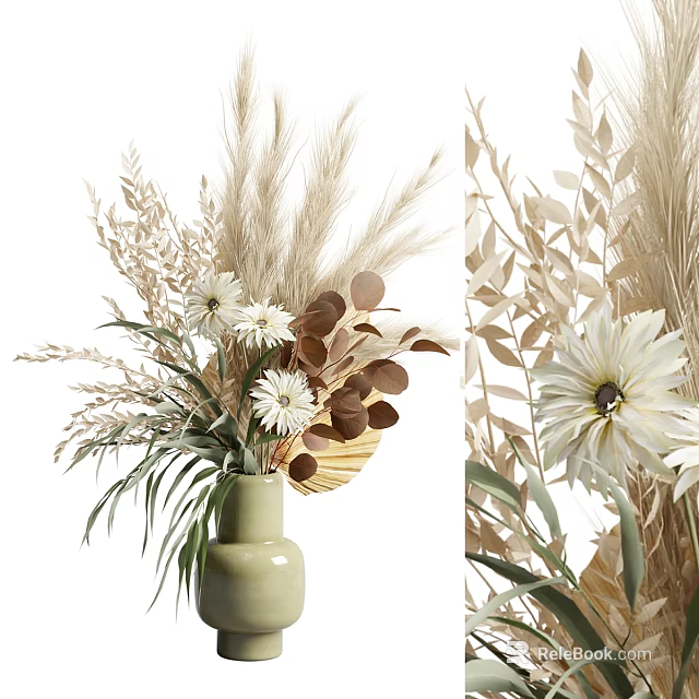 Natural Dried Flower Display In Green Vase With Pampas Grass And White Daisies 3d model 