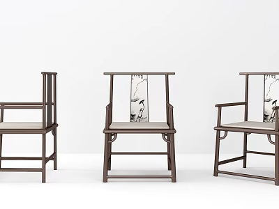 Three Minimalist Leisure Chairs With Wooden Frame Light Colored Seat And White Background 3d model