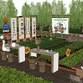 Scenic Rural Landscape With Vegetable Garden Wooden Tables Chairs Signs And Fence