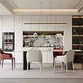 Modern Dining Room Interior With White And Red Chairs Dining Table Marble Backsplash Hanging Lights