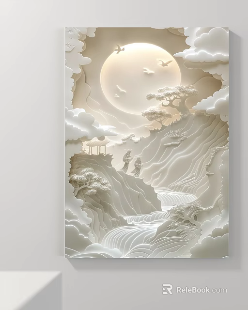 Traditional Landscape Painting With Mountains Waterfall Full Moon Clouds Pine Trees Pavilion And Figures 3d model 