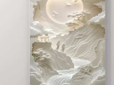 Traditional Landscape Painting With Mountains Waterfall Full Moon Clouds Pine Trees Pavilion And Figures 3d model