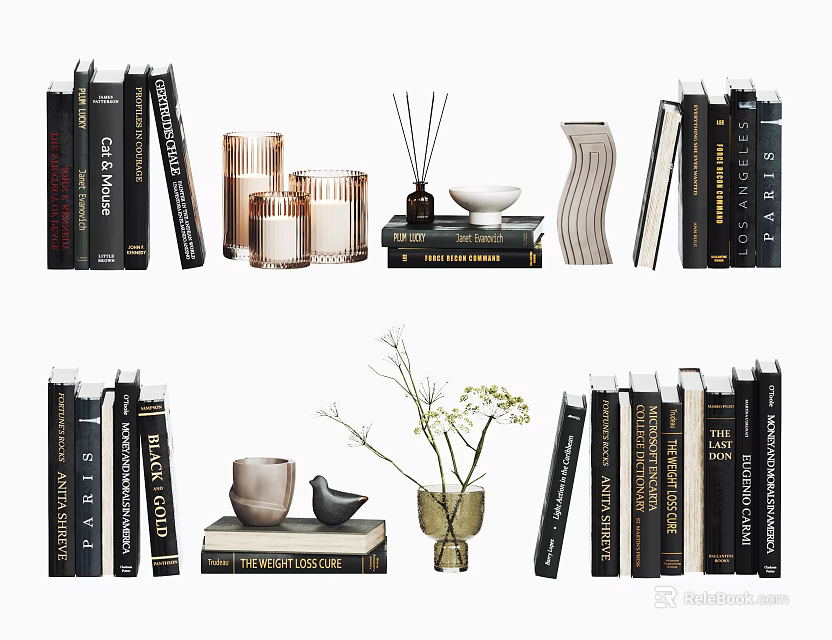 Stylish Home Decorative Ornament Set With Books Candles Diffuser Vase And Bird Figurine 3d model 