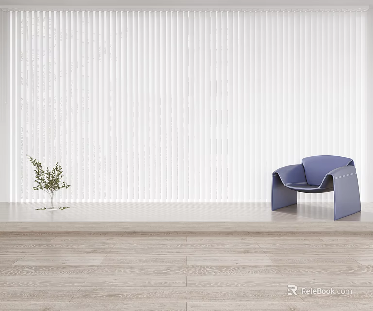 White Blinds in Interior with Light Blue Chair Plant on Windowsill and Light Wooden Floor 3d model 