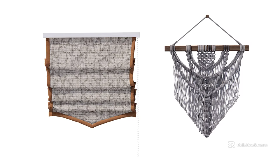 Gray And White Woven Roman Blinds With Wooden Frame And Matching Macramé Decor 3d model 