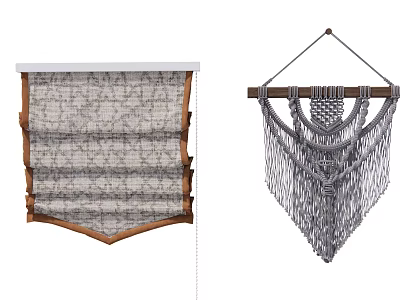 Gray And White Woven Roman Blinds With Wooden Frame And Matching Macramé Decor 3d model