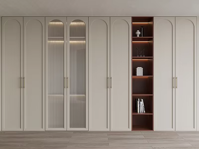 Modern Bookcase Interior Design With White Wooden Cabinetry Glass Doors And Integrated Lighting 3d model