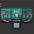 Modern Control Console With Multiple Screens Blue Interface Keyboards And Buttons 3d model