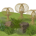 Woven Lantern Shaped Outdoor Lights Illuminating Nighttime Garden With Plants And Trees