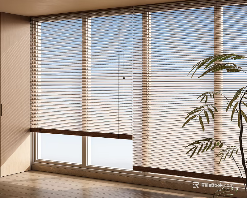 Elegant Venetian Blinds For Modern Interior Window With Natural Light And Green Plant 3d model 