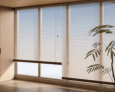 Elegant Venetian Blinds For Modern Interior Window With Natural Light And Green Plant 3d model