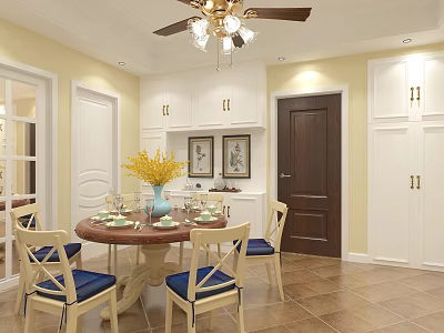 Warm Restaurant Interior With Round Dining Table Blue Seats White Cabinets And Yellow Flowers 3d model