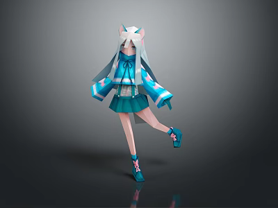 Anime Game Character With White Long Hair Cat Ears Teal Hoodie And Short Skirt 3d model