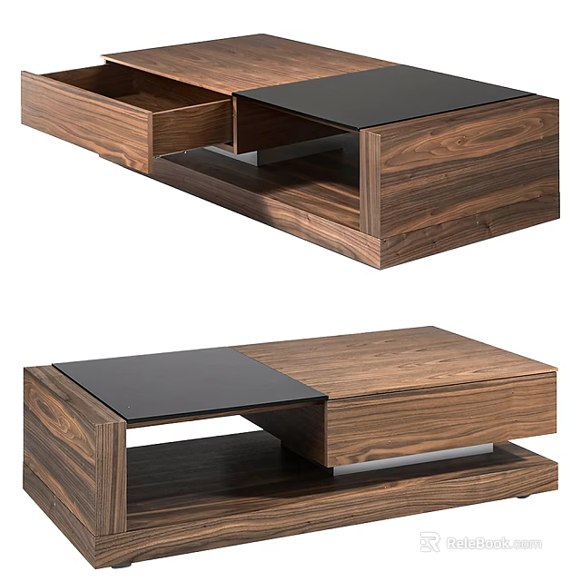 Modern Walnut Coffee Table With Black Glass Top And Drawer Storage Space 3d model