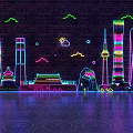 Colorful Neon Decorative Lights on Brick Wall with Modern Traditional City Skyline and Floor Patterns