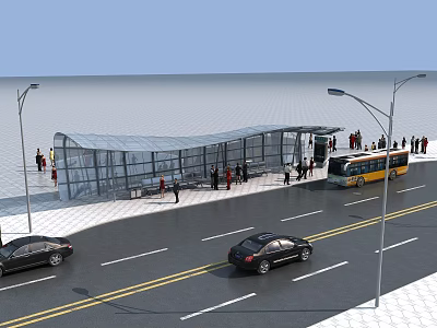 Bus Station With Transparent Roof Platform And Waiting Pedestrians Near Bus Cars And Street Lights 3d model
