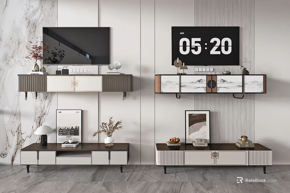 Modern TV Stand with Marble Countertop and Storage Drawers in Living Room Interior Design 3d model 