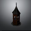 Wooden Tower Structure With Pointed Roof Star Finial And Arched Openings