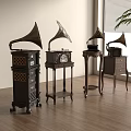 Vintage Gramophones With Horn Speakers On Wooden Floor Near Window With Plant
