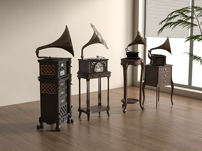 Vintage Gramophones With Horn Speakers On Wooden Floor Near Window With Plant 3d model