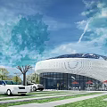 Modern Sales Office Building With Landscaped Greenery Open Plaza And Pedestrian Activity Areas