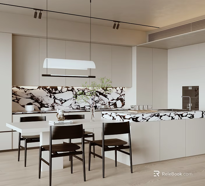 Elegant Modern Restaurant Interior With Open Kitchen Marble Counter And Pendant Light 3d model