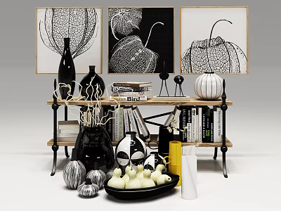 Stylish Decorative Ornaments Set With Framed Plant Art Vases And Gourd Decor On Console Table 3d model