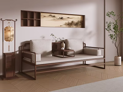 Traditional Chinese Arhat Bed With Wooden Frame Tea Table And Landscape Painting 3d model