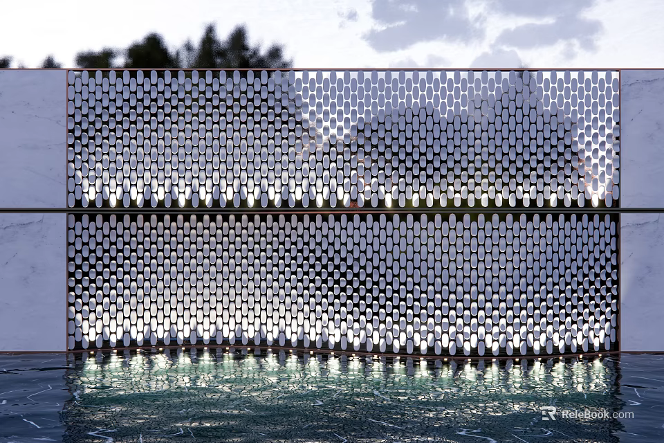 Hollow Pattern Decorative Feature Wall With Water Reflection And Garden Background 3d model 