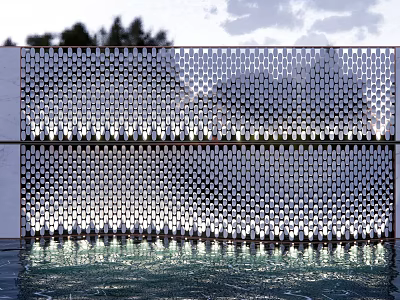 Hollow Pattern Decorative Feature Wall With Water Reflection And Garden Background 3d model