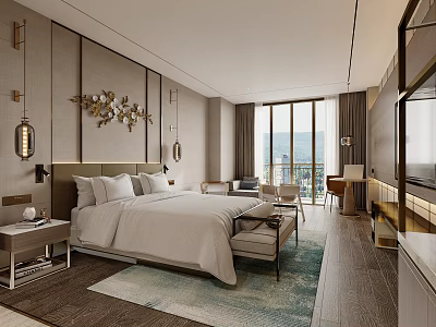 Modern Hotel Room Featuring King Bed Floor-to-Ceiling Windows City View Decorative Wall Art And Area Rug 3d model