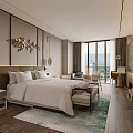 Modern Hotel Room Featuring King Bed Floor-to-Ceiling Windows City View Decorative Wall Art And Area Rug