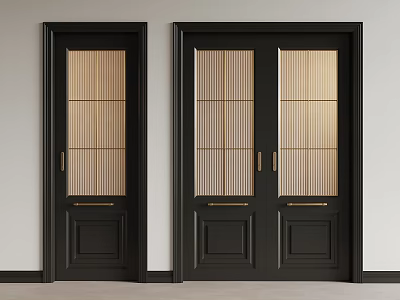 Elegant Black Double Doors Design With Gold Grids And Brass Handles 3d model