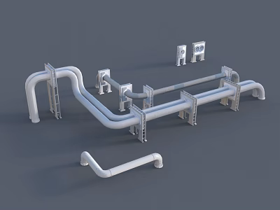 White Pipes 3D Model with Bends Connections Brackets Valves on Gray Background 3d model