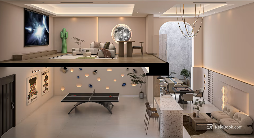 Modern Basement Interior Design With Cozy Lounge Area Recessed Lighting And Decorative Plants 3d model 