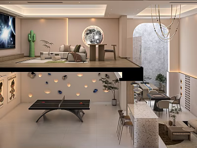 Modern Basement Interior Design With Cozy Lounge Area Recessed Lighting And Decorative Plants 3d model