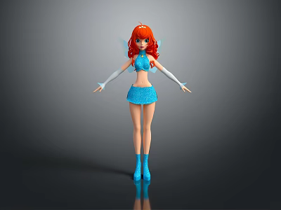 Red Haired Fairy With Blue Outfit Wings White Gloves And Blue Boots 3d model