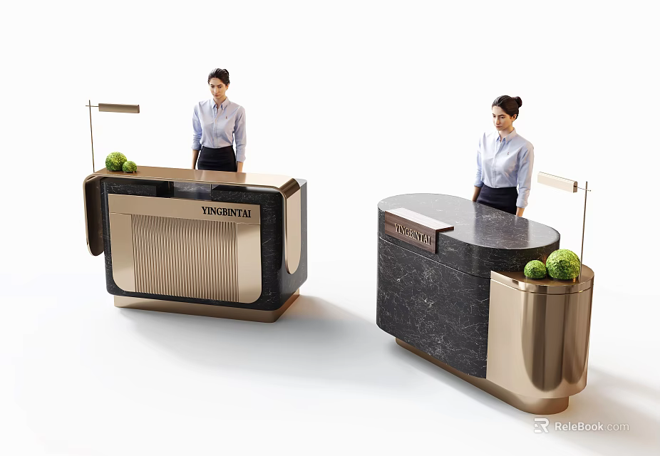 Modern Reception Desk With Vertical Stripe Panel Black Countertop Golden Frame And Green Plants 3d model 