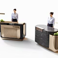 Modern Reception Desk With Vertical Stripe Panel Black Countertop Golden Frame And Green Plants