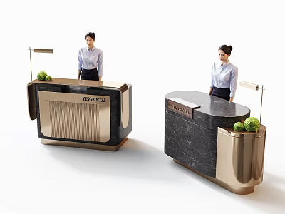 Modern Reception Desk With Vertical Stripe Panel Black Countertop Golden Frame And Green Plants 3d model