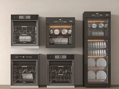 Modern Black Kitchen Appliances Including Dishwasher And Sterilizer Units With Dishes 3d model