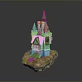 Fairy Tale Castle Model With Multiple Spires And Colorful Tower Design On Rock Base